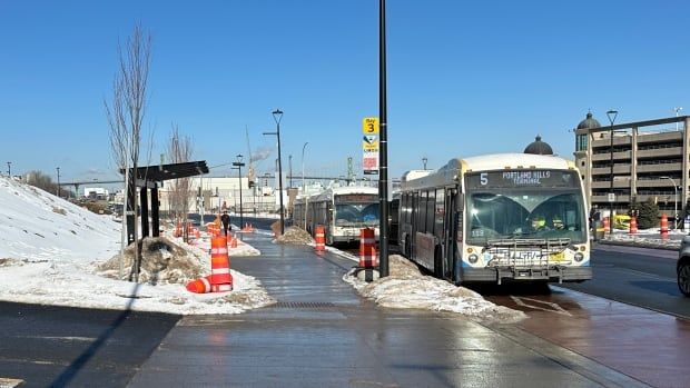 A city sidewalk next to city buses and a bus shelter on the left.