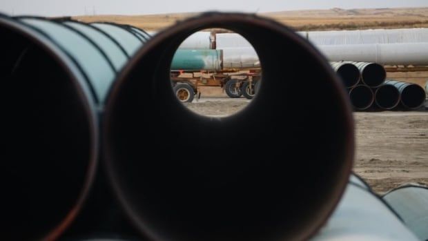 Pipe waiting to be used in construction of the Keystone XL pipeline in Alberta in September, 2020.