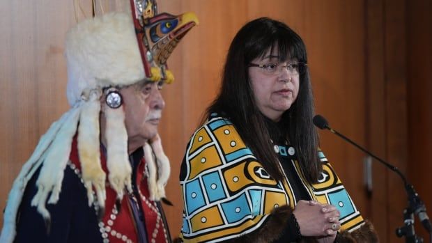 A man and a woman, each in regalia, stand at a microphone