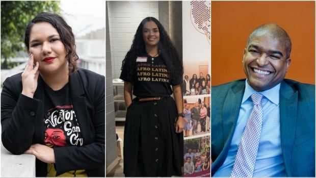 A collage of two Black women and one Black man, all smiling for the camera.