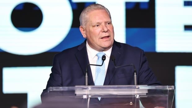 Ontario Premier Leader Doug Ford takes the stage to speak after winning a third majority government, at the Toronto Congress Centre on Feb. 27, 2025.