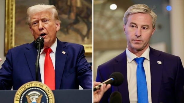 A split screen photo of Donald Trump and Tim Houston, both wearing dark suits.