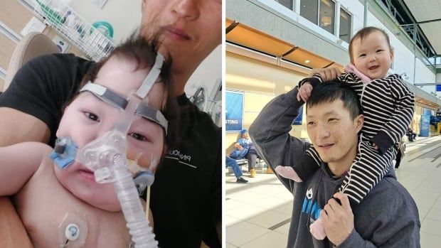 Two photos show two people. In one, a little boy is wearing a ventilator