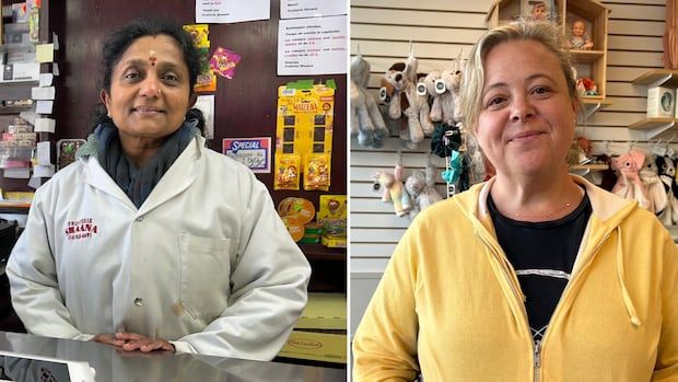 Split screen of two Monk Boulevard female merchants.The one on the left wears a white grocer's jacket. The one on the right wears a yellow sweater.