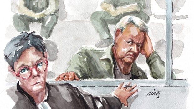 A courtroom sketch of a lawyer and an older man