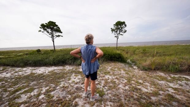 A woman stands in a yard looking at  a stormy sea