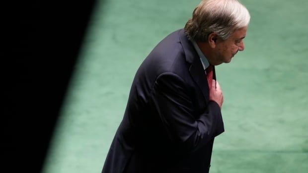 United Nations Secretary-General António Guterres puts his hand over his heart after speaking to the 79th session of the United Nations General Assembly at United Nations headquarters on Tuesday, Sept. 24, 2024.