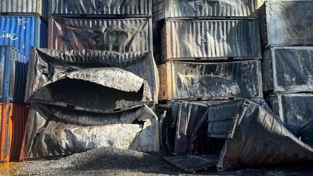 A view shows containers damaged by a Russian missile strike, amid Russia's attack on Ukraine, in Odesa region, Ukraine, in this handout released on October 10, 2024. 