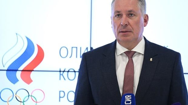 Russian Olympic Committee president Stanislav Pozdnyakov talks to the media after its executive board meeting in Moscow on March 14, 2024.