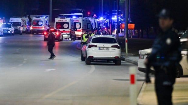 Ambulances are seen outside the TUSAS facility in Ankara.