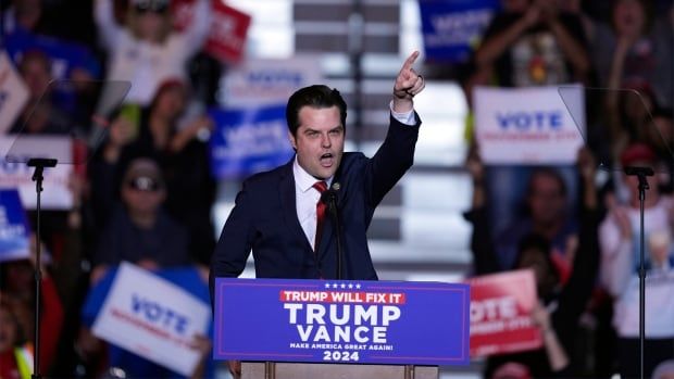 House Rep. Matt Gaetz speaks at a rally for then-Republican presidential candidate Donald Trump, which was held in Henderson, Nev., on Oct. 31, 2024.