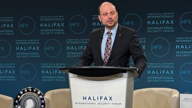 Vladimir Kara-Murza]speaks at The Halifax International Security Forum on Saturday, Nov. 23, 2024 in Halifax.