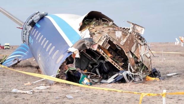 A plane wreck is shown close-up.