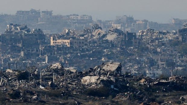 Buildings lie in ruin in the Gaza Strip.