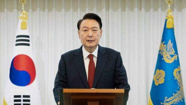 A person speaks at a lectern as flags are seen behind them.