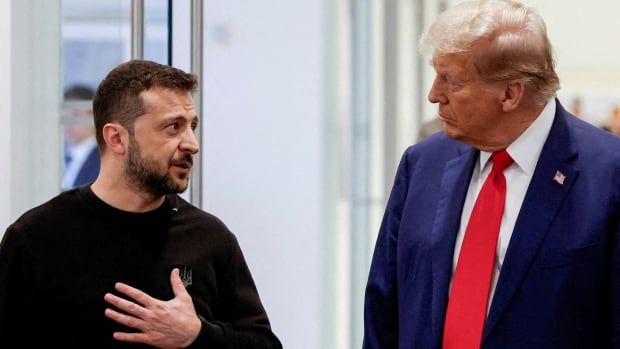 Republican presidential nominee and former U.S. President Donald Trump and Ukraine's President Volodymyr Zelenskiy meet at Trump Tower in New York City.