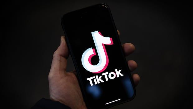 A hand holds a mobile phone displaying the TikTok logo