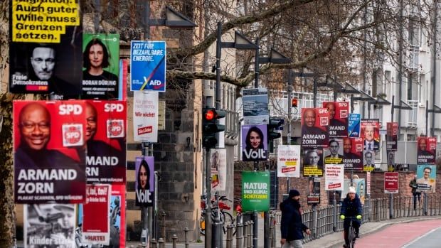 A sidewalk on a thoroughfare is shown with dozens of election campaign signs.