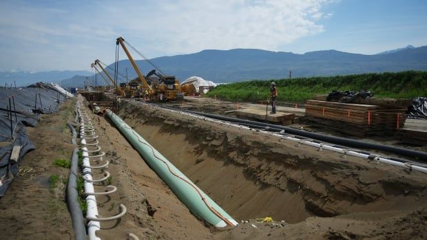 Workers position pipe during construction of the Trans Mountain pipeline expansion in Abbotsford, B.C., on Wednesday, May 3, 2023.