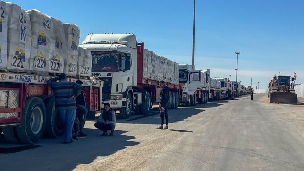 A line of trucks, not moving, at a border crossing. 