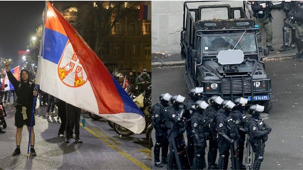 Serbian protesters holding their national flag is seen next to an image of riot police in this combination image