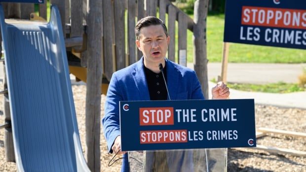 Conservative Leader Pierre Poilievre stands at a podium set up in a playground in London Ontario. The sign on the podium says "stop the crime." He is speaking, and wearing a blue jacket and black shirt. 