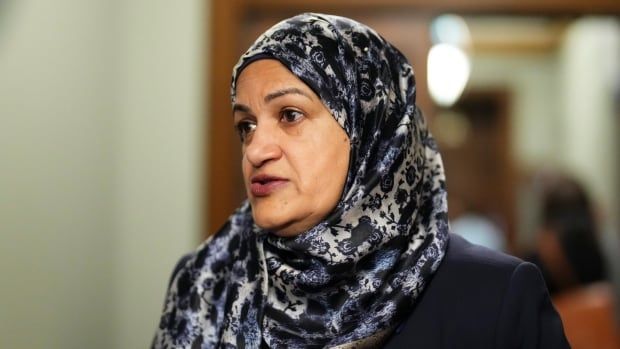 Liberal member of Parliament Salma Zahid talks to reporters as she arrives to a caucus meeting in Ottawa on Wednesday, Nov. 8, 2023. THE CANADIAN PRESS/Sean Kilpatrick