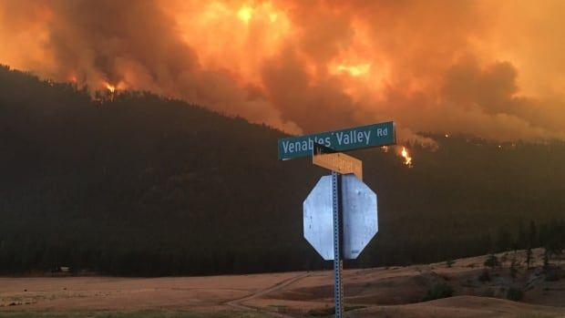 A road sign that says 'Venables Valley Rd' with flames in the hills in the background.