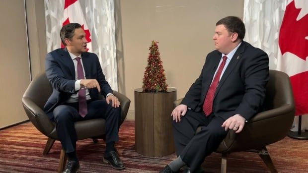 Two men sit in chairs. There's a Christmas tree on a stool in between them, and two Canadian flags in the background.