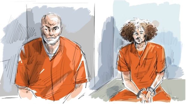 A court sketch of two men in orange jumpsuits.