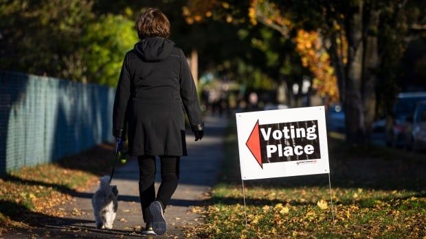 A woman walking her dog next to a sign that reads 'Voting Place'.