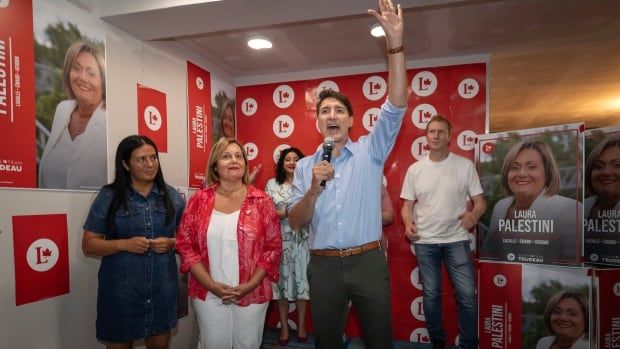 Prime Minister Justin Trudeau speaks at the riding office of  Laura Palestini, Liberal candidate for LaSalle–Emard–Verdun in Montreal on Sunday August 11, 2024.