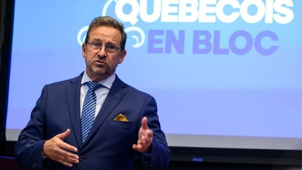 Bloc Québécois Leader Yves-Francois Blanchet speaks during a meeting of his caucus in the parliamentary precinct in Ottawa, on Wednesday, Sept. 18, 2024.