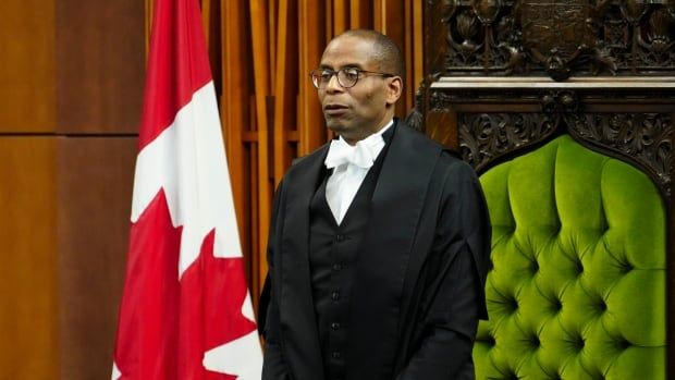 A man in black robes stands in the House of Commons.