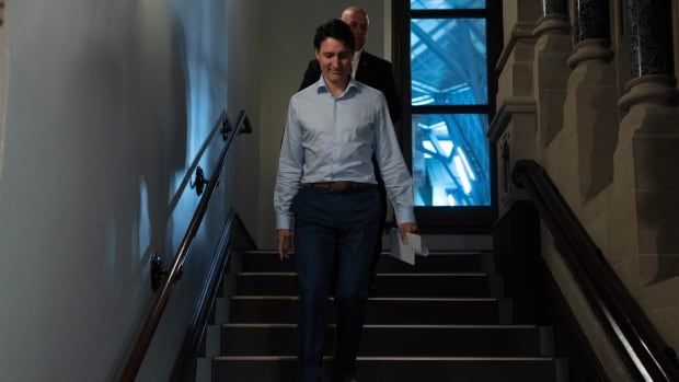 A man in a blue collared shirt walks down a set of stairs.