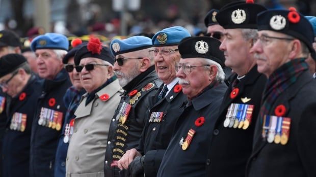 Veterans participate in the National Remembrance Day Ceremony at the National War Memorial in Ottawa, Monday, November 11, 2019. 