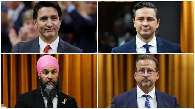 Composite illustration features Liberal Leader Justin Trudeau, top left, Conservative Party of Canada Leader Pierre Poilievre, top right, NDP Leader Jagmeet Singh, bottom left, and Bloc Québécois Leader Yves-Francois Blanchet.