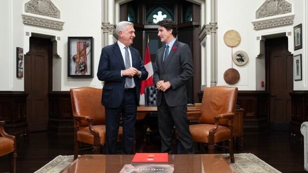 Prime Minister Justin Trudeau meets with United Nations High Commissioner for Refugees, Filippo Grandi in his office on Parliament Hill, Monday, November 4, 2024 in Ottawa. 