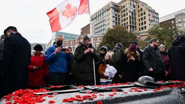 A crows stands beside a tomb at a war memorial that's covered in poppy pins. One holds a Canada flag and is playing a small wind instrument.