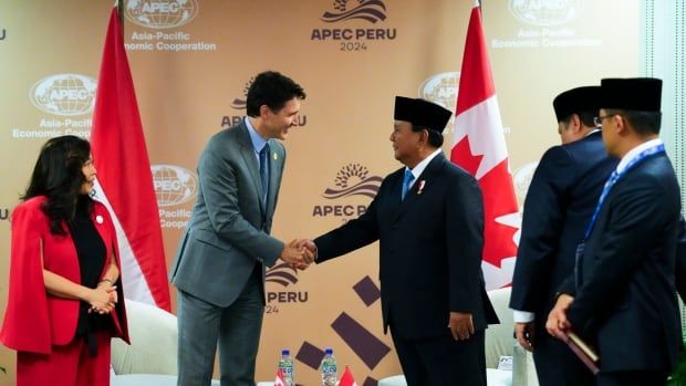 Prime Minister Justin Trudeau, centre left, meets with President of Indonesia Prabowo Subianto during the APEC summit in Lima, Peru on Friday, Nov. 15, 2024.