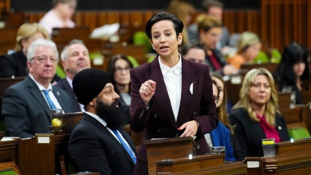 A woman gestures with her hand as she speaks in the House of Commons.