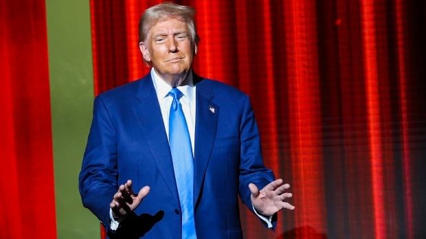 U.S. president-elect Donald Trump is seen on a stage in Greenvale, N.Y.