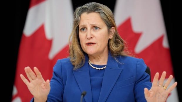 Deputy Prime Minister and Finance Minister Chrystia Freeland speaks with reporters in Ottawa, Tuesday, Dec. 10, 2024.