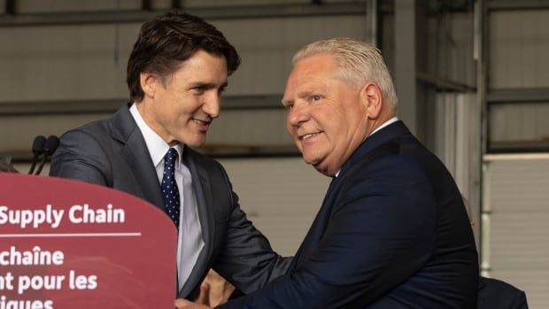 Prime Minister Justin Trudeau joins Ontario Premier Doug Ford during an event in Port Colborne, Ont., Tuesday, May 14, 2024.