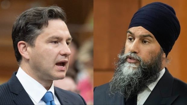 A composite image shows two men while they speak in the House of Commons.