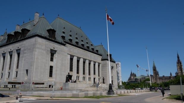 The exterior of a large grey building with a green roof. It's the Supreme Court of Canada. Canada's parliament can be seen in the distance.