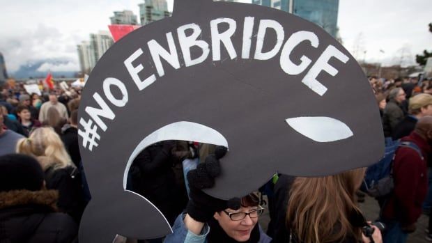 A protester holds up a sign shaped like a whale that says #NoEnbridge.