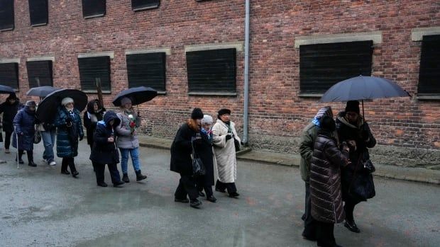 Holocaust survivors and relatives arrive at the Auschwitz Nazi death camp in Oswiecim, Poland, Saturday, Jan. 27, 2024. Survivors of Nazi death camps marked the 79th anniversary of the liberation of the Auschwitz-Birkenau camp during World War II in a modest ceremony in southern Poland.