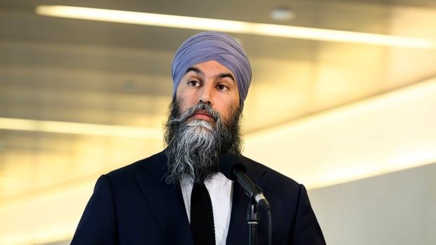 NDP Leader Jagmeet Singh speaks to journalists after a caucus meeting in the Parliamentary Precinct in Ottawa, on Wednesday, Jan. 22, 2025.