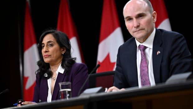 President of the Treasury Board Anita Anand, left, and Minister of Public Services and Procurement Jean-Yves Duclos participate in a news conference on the government's actions to strengthen procurement practices, at the National Press Theatre in Ottawa, on Wednesday, March 20, 2024.